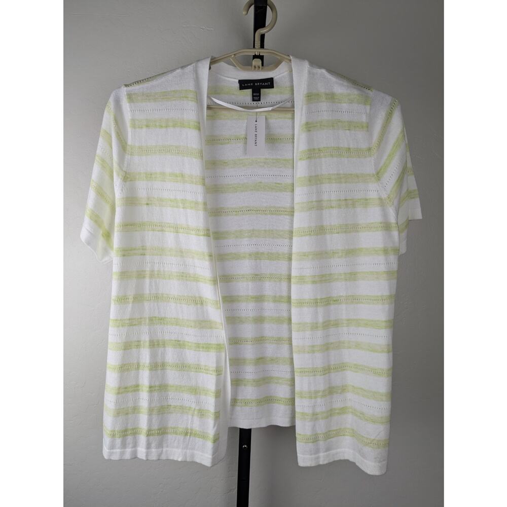 Lane Bryant Short Sleeve Open Cardigan Sweater white green stripes